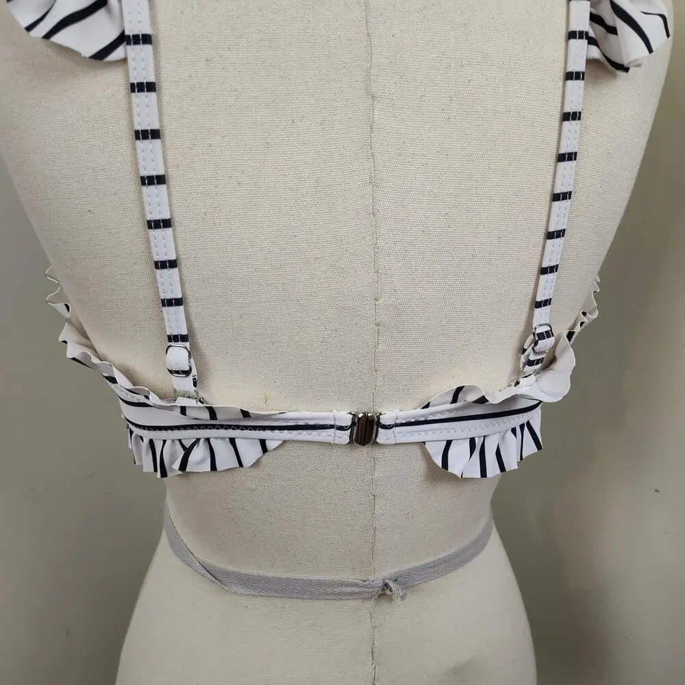 Beachsissi Bikini Top Womens Medium White Stripe Ruffle Strap Nautical Swim